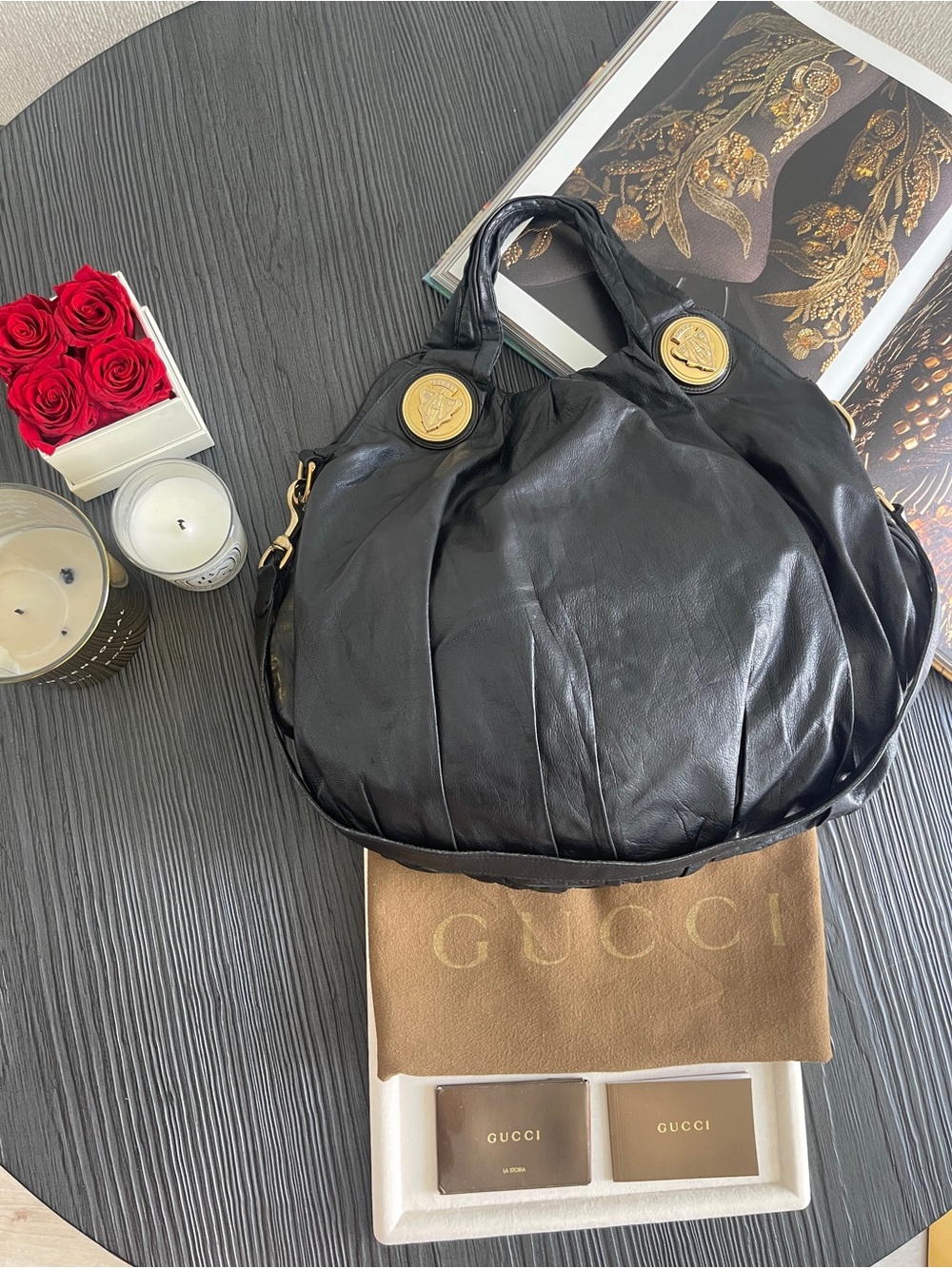 Gucci Hysteria Large Hobo Bag Black Leather Floral Embroidered Vintage $4500 - Picture 16 of 17
